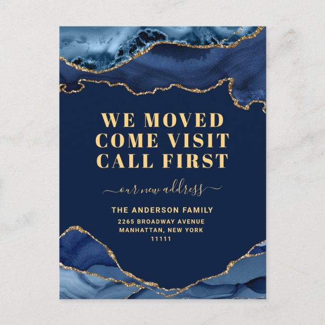 Gold Blue Marble New Address Moving Announcement Postcard (Front)