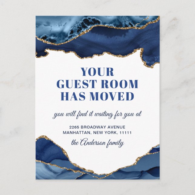 Gold Blue Marble New Address Moving Announcement Postcard (Front)