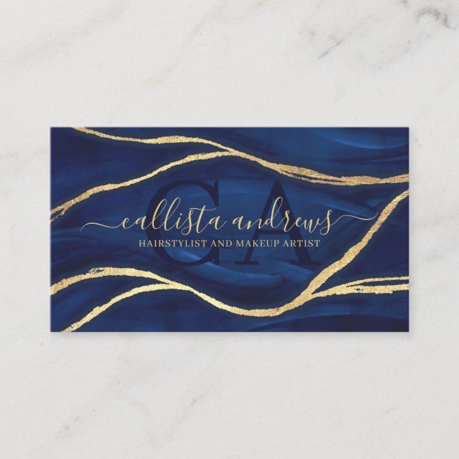 Gold Blue Marble Signature Script Makeup Hair Busi Business Card (Front)