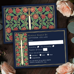 Gold Blue Mediaeval Floral Sword Wedding RSVP Card