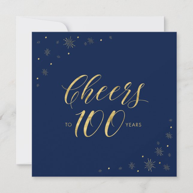 Gold & Blue | Modern 100th Birthday Party Square Invitation (Front)