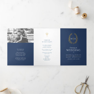 Gold blue monogram wreath dedication wedding Tri-Fold programme