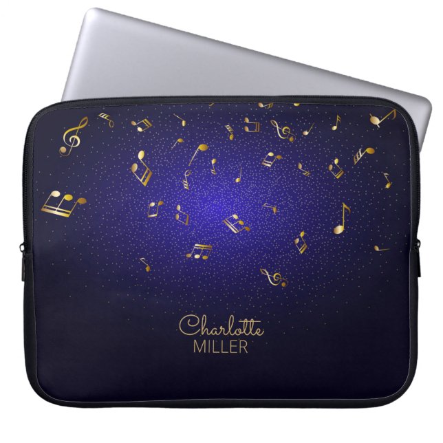 Gold-Blue Music Notes and Custom Name Laptop Sleeve (Front)