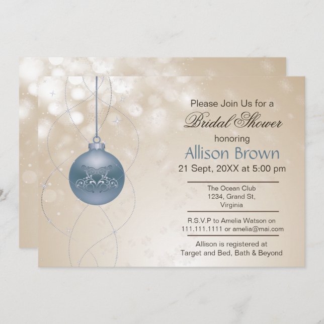gold blue ornament Snowflakes Winter Bridal Shower Invitation (Front/Back)