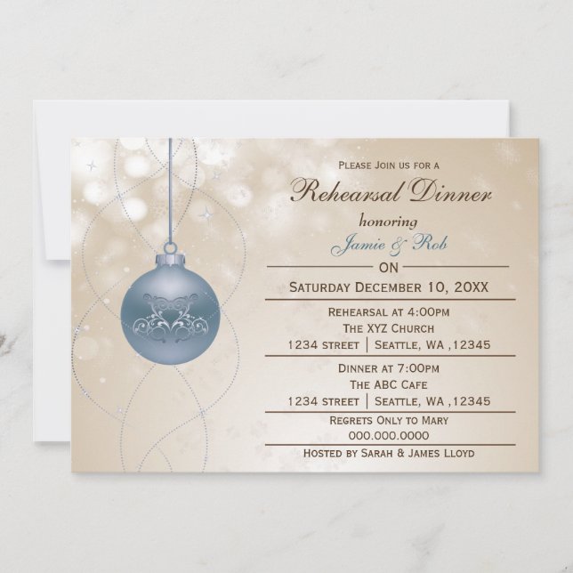 gold blue ornament winter Wedding Rehearsal Invite (Front)