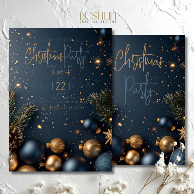 Gold Blue Ornament with Greenery Holiday Christmas Invitation (Creator Uploaded)