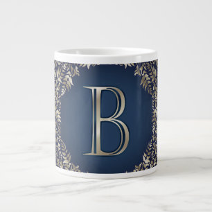 Gold Blue Ornate B Fancy Damask Monogram  Large Coffee Mug