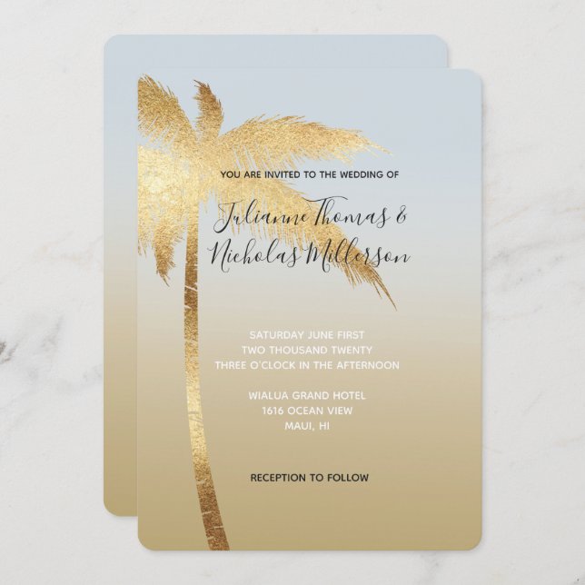 Gold Blue Palm Tree Ombre Wedding Invitation (Front/Back)