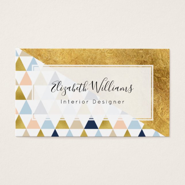 Gold Blue Peach Interior Designer Business Cards (Front)