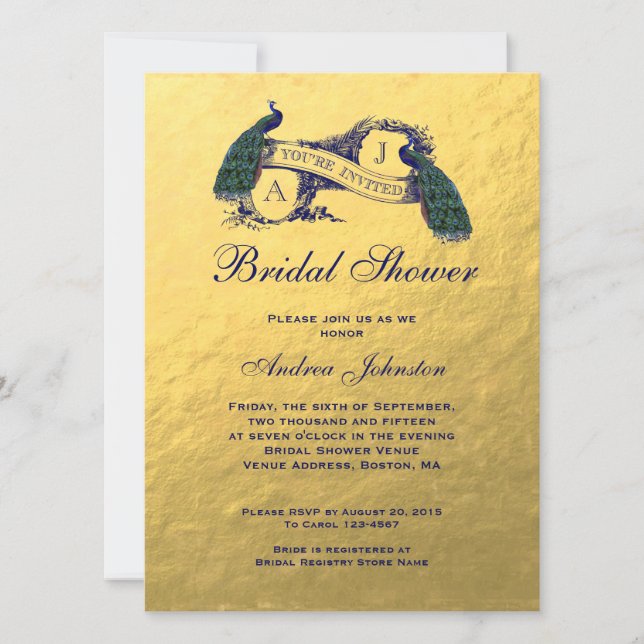 Gold Blue Peacock Bridal Shower Invitation (Front)