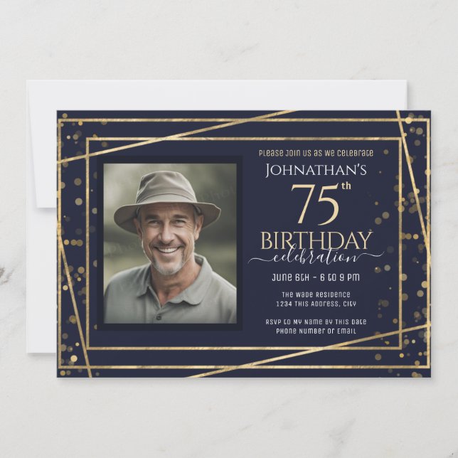 Gold Blue Photo 75th Birthday Party  Invitation (Front)