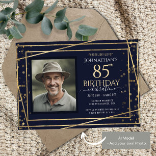 Gold Blue Photo 85th Birthday Party Invitation