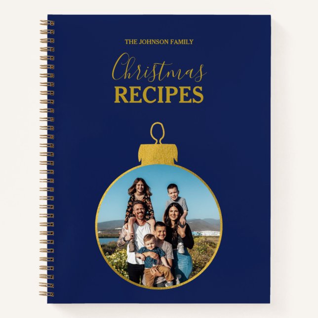 Gold Blue Photo Ornaments Christmas Recipe Notebook (Front)