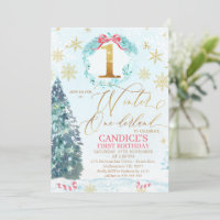 Gold Blue Pine Tree Winter Onederland Birthday Inv