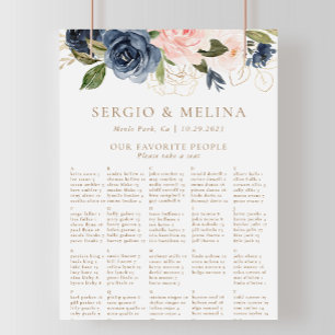 Gold Blue Pink Alphabetical Wedding Seating Chart