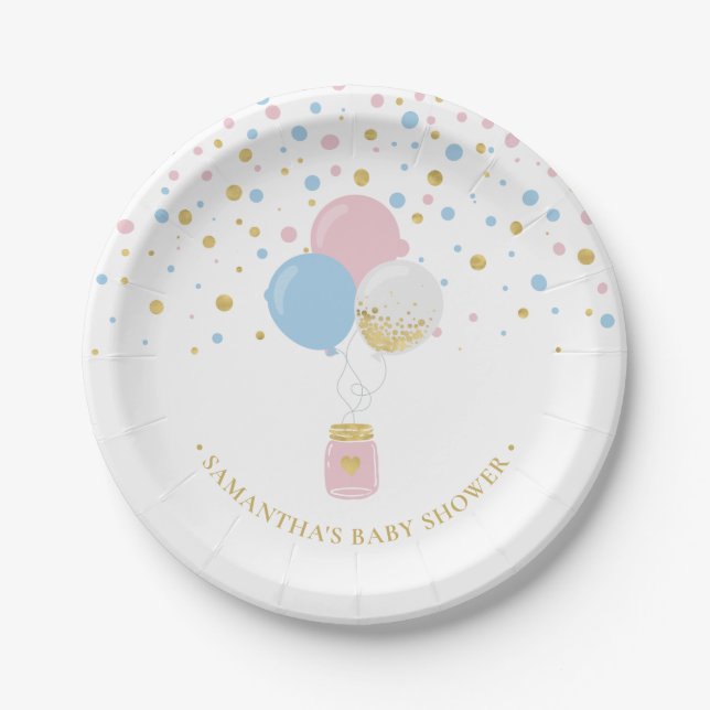 Gold, Blue & Pink Confetti Balloons 1st Birthday P Paper Plate (Front)