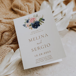 Gold Blue Pink Flowers Folded Wedding Programme