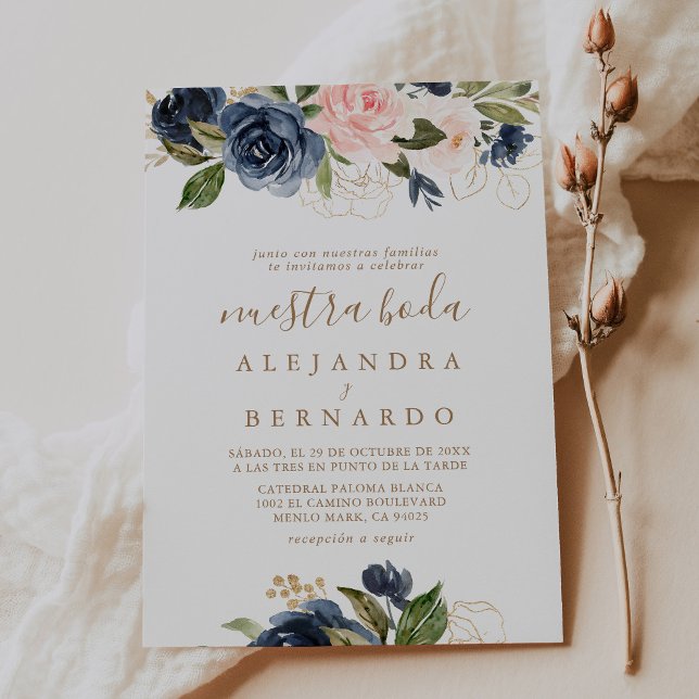 Gold Blue Pink Flowers Wedding Nuestra Boda  Invitation (Creator Uploaded)