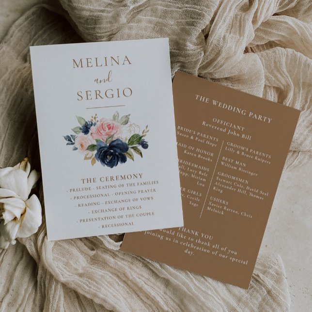 Gold Blue Pink Flowers Wedding program (Creator Uploaded)