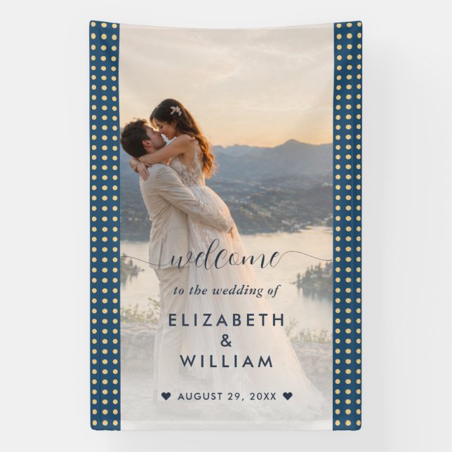 Gold & Blue Polka Dot Personalised wedding Banner (Vertical)