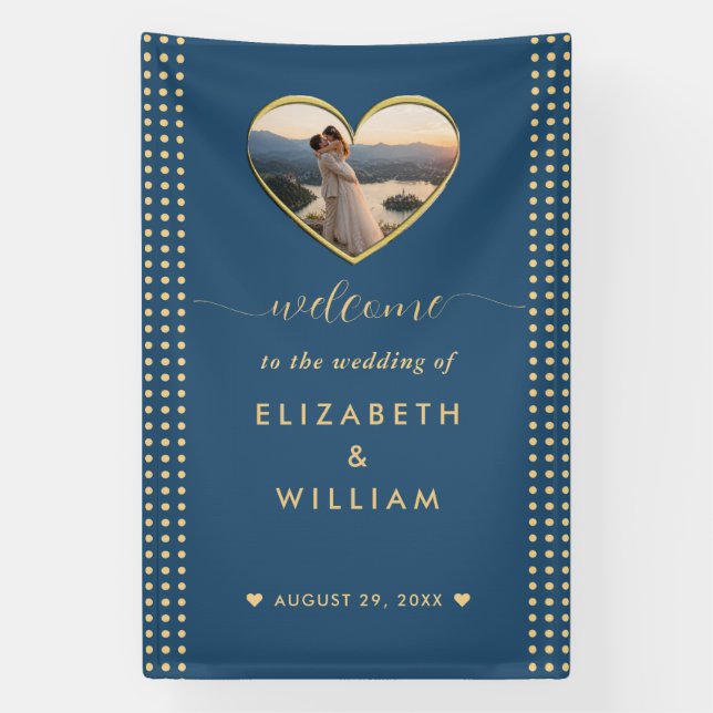 Gold & Blue Polka Dot Personalised wedding Banner (Vertical)