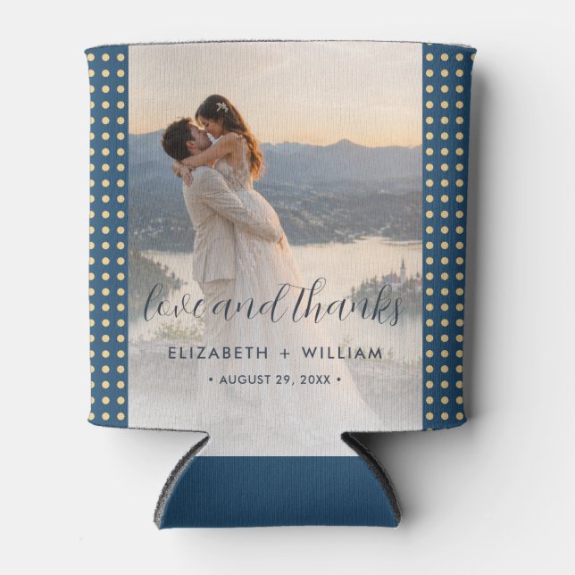 Gold & Blue Polka Dot Personalised wedding Can Cooler (Front)