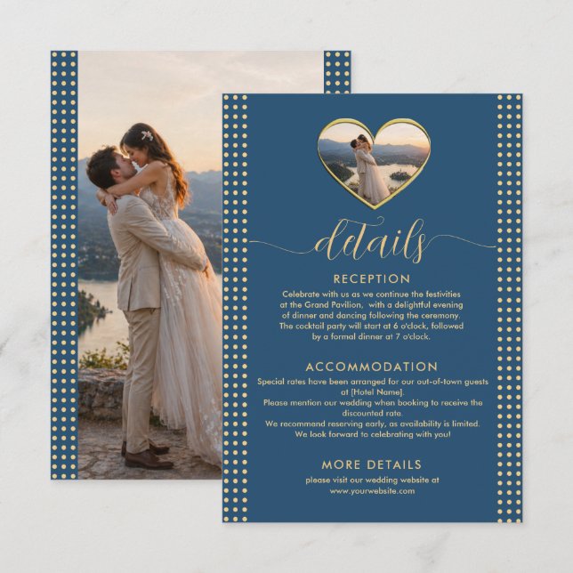 Gold & Blue Polka Dot Personalised wedding Enclosure Card (Front/Back)