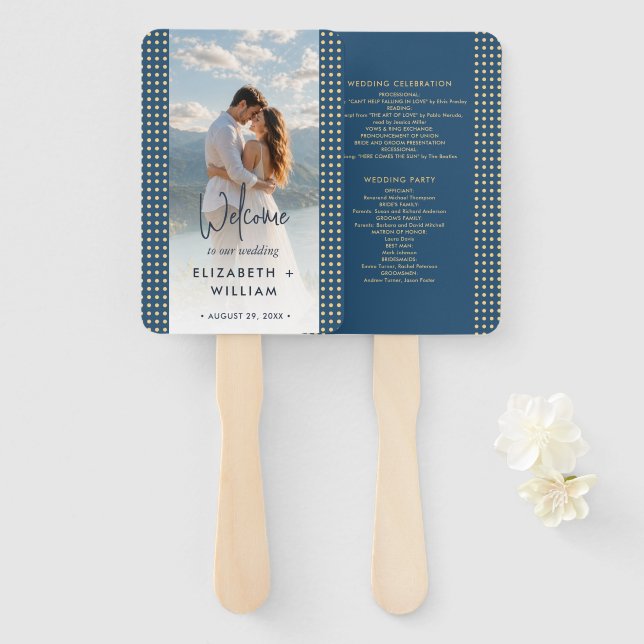 Gold & Blue Polka Dot Personalised wedding Hand Fan (Front and Back)