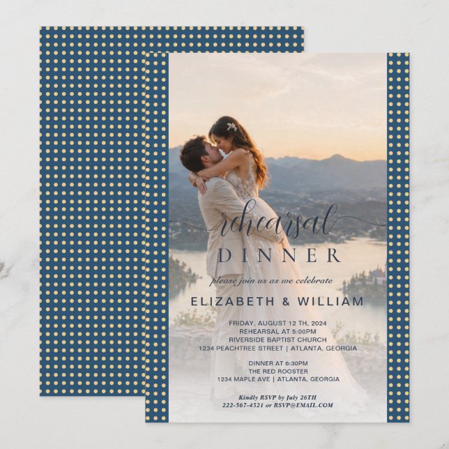 Gold & Blue Polka Dot Personalised wedding Invitation (Front/Back)