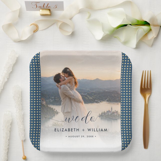 Gold & Blue Polka Dot Personalised wedding Paper Plate (Wedding)