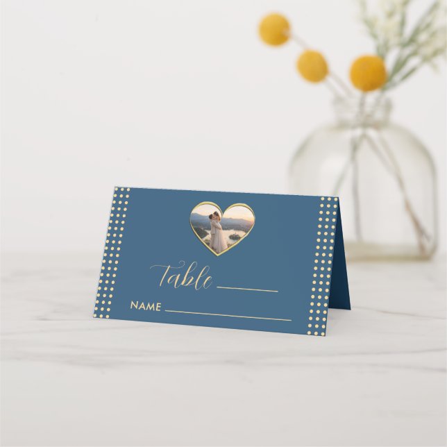 Gold & Blue Polka Dot Personalised wedding Place Card (Front)