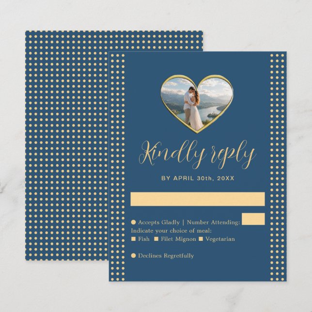Gold & Blue Polka Dot Personalised wedding RSVP Card (Front/Back)