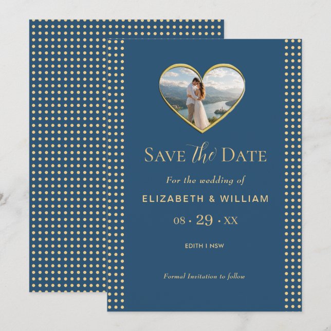 Gold & Blue Polka Dot Personalised wedding Save The Date (Front/Back)