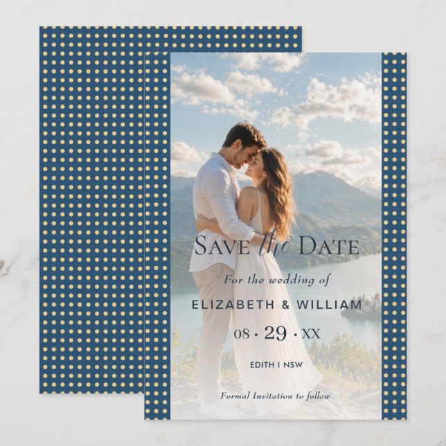 Gold & Blue Polka Dot Personalised wedding Save The Date (Front/Back)