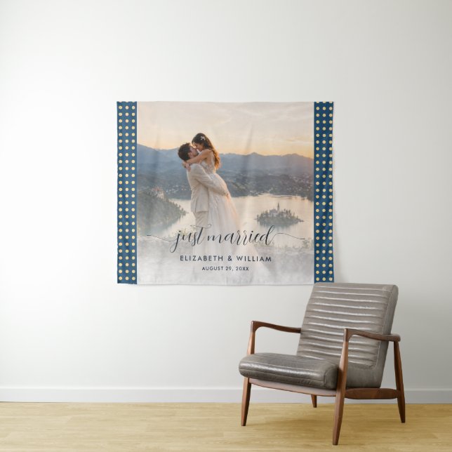 Gold & Blue Polka Dot Personalised wedding Tapestry (In Situ (Horizontal))