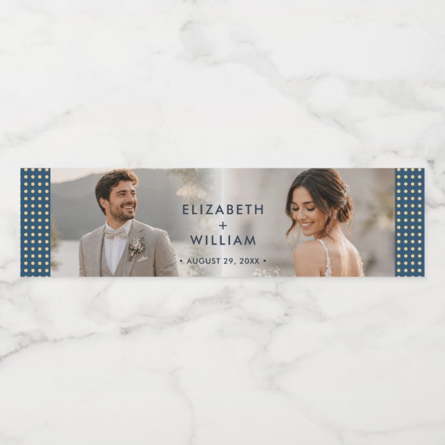 Gold & Blue Polka Dot Personalised wedding Water Bottle Label (Single Label)