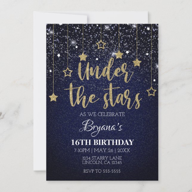 Gold Blue Prom Under Stars Starry Night Birthday Invitation (Front)