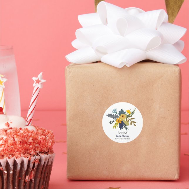 Gold, blue, purple bouquet of summer flowers party classic round sticker (Party)