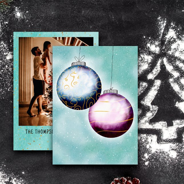 Gold Blue Purple Christmas Balls Family Photo Holiday Card (Creator Uploaded)