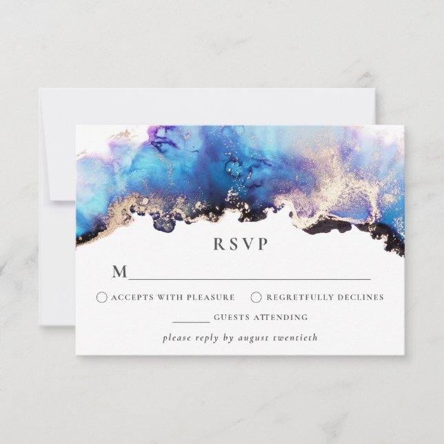 Gold Blue Purple RSVP Card Watercolor Ink (Front)