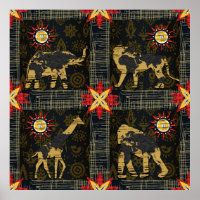 Gold Blue Red Safari World Map African Animals