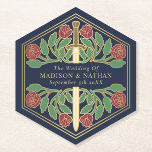 Gold Blue Royal Mediaeval Floral Sword Wedding Paper Coaster