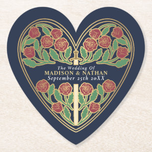 Gold Blue Royal Mediaeval Floral Sword Wedding Paper Coaster
