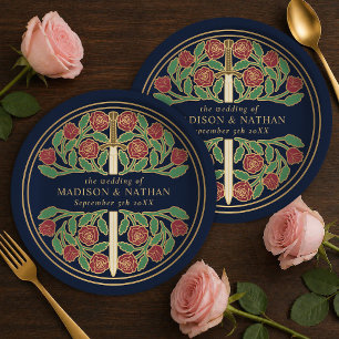 Gold Blue Royal Mediaeval Floral Sword Wedding  Paper Plate