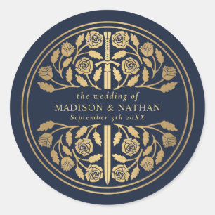 Gold Blue Royal Mediaeval Sword Wedding Classic Round Sticker