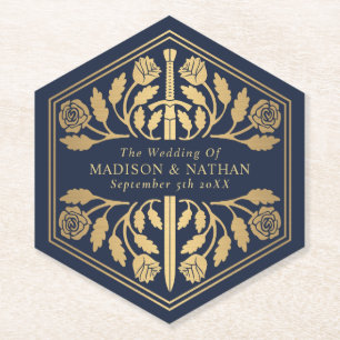 Gold Blue Royal Mediaeval Sword Wedding Paper Coaster