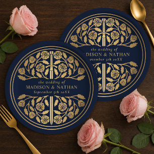 Gold Blue Royal Mediaeval Sword Wedding Paper Plate