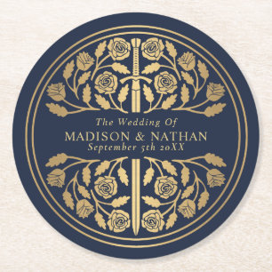 Gold Blue Royal Mediaeval Sword Wedding Round Paper Coaster