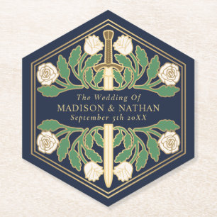 Gold Blue Royal White Floral Sword Wedding Paper Coaster