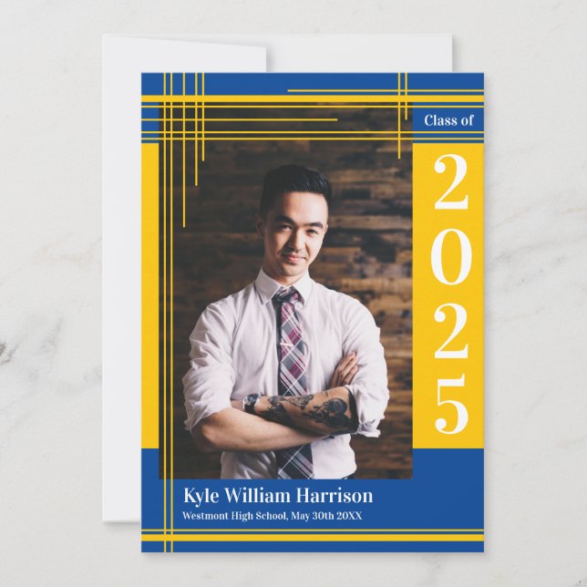 Gold Blue School Colour Graduation Photo Plaid Invitation (Front)